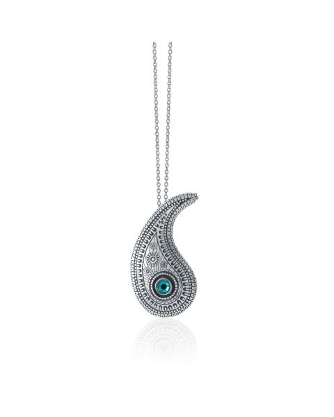 PAISLEY NECKLACE WITH TEAL SWAROVSKI CRYSTAL, LARGE -  - Amos Pewter