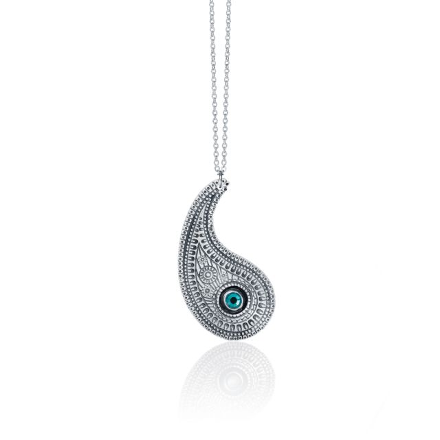PAISLEY NECKLACE WITH TEAL CRYSTAL -  - Amos Pewter