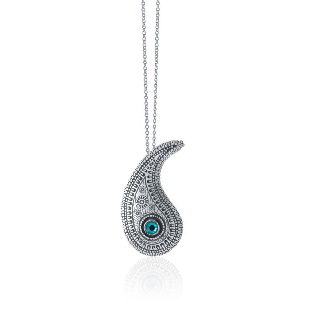 PAISLEY NECKLACE WITH TEAL SWAROVSKI CRYSTAL, LARGE -  - Amos Pewter